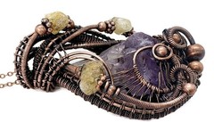 Amethyst Crystal Wire Wrapped Necklace in Bronze with Citrine Nuggets