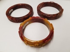 Three Carved Heat Treated Burnt Brown Red Jade Bangle I.D. 57mm W. 6mm H. 15mm