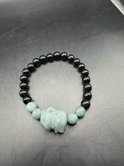 Black Jade and Blue Water Jade Beaded Bracelet with Lucky Cat Charm