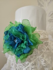 Organza Ribbon Satin Silk Green Aqua Fabric Flower Crystal Brooch Pin Handmade