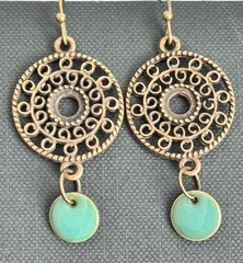 Etched Bronze Mandala with Turquoise Green Dangle Earrings.