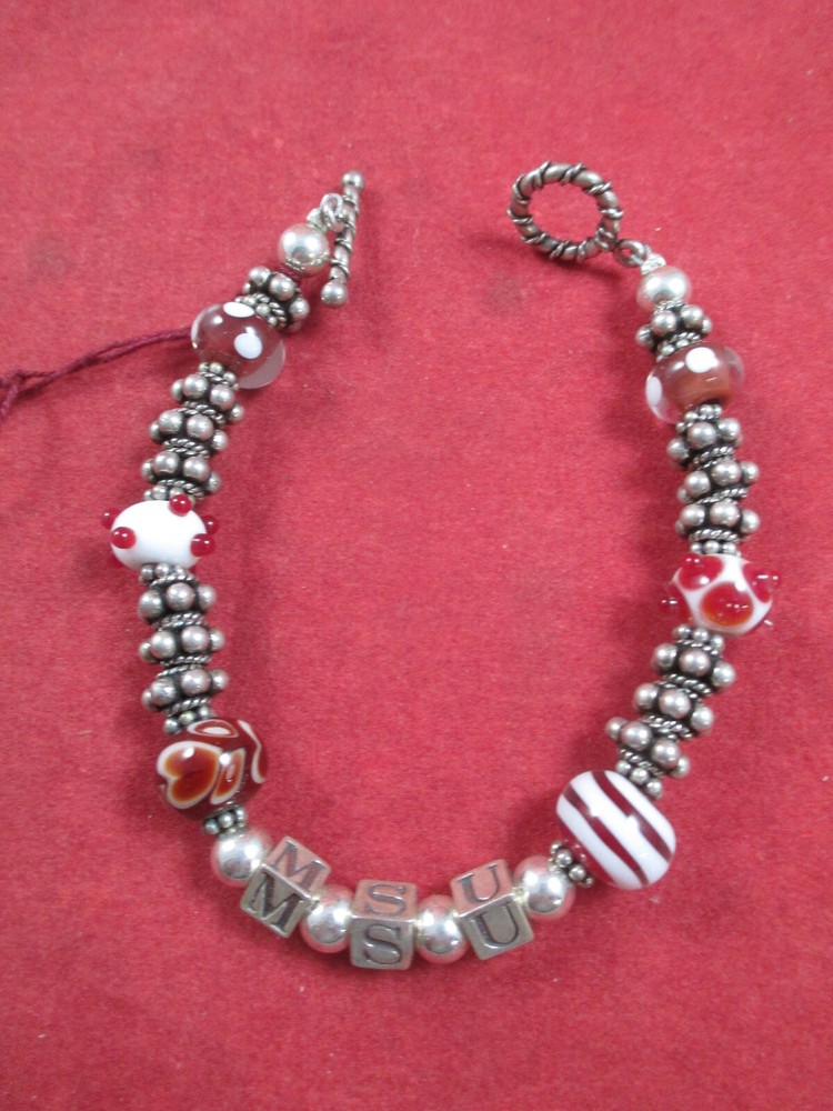 HAND FIRED LAMPWORK BEADS MISSISSIPPI STATE STERLING SILVER BRACELET 7-1/2″