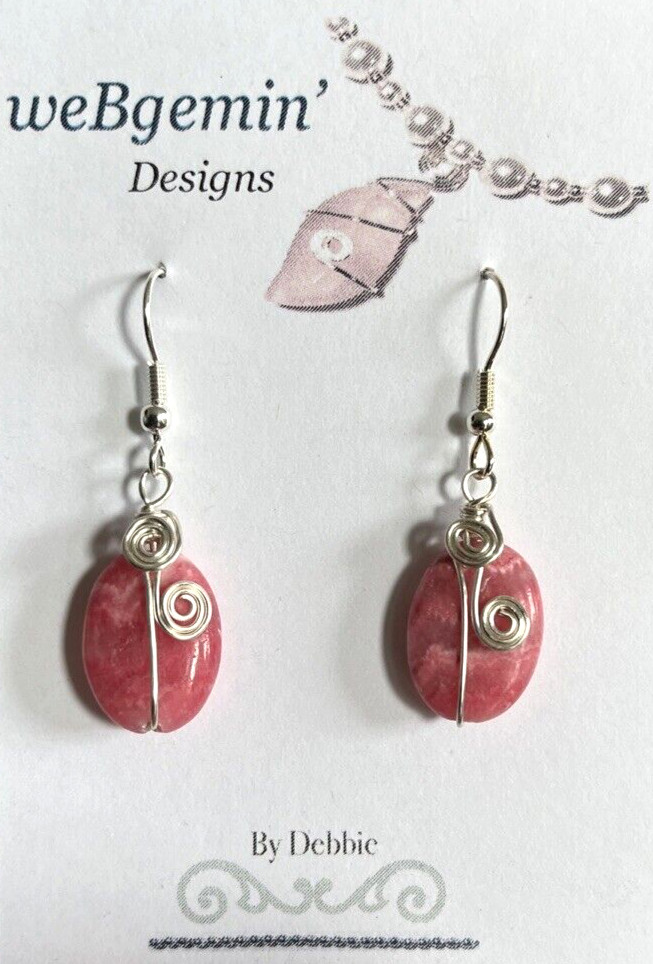Dancing Rhodochrosite! Hand Wrapped Earrings With Silver Tone Wire CCJP102