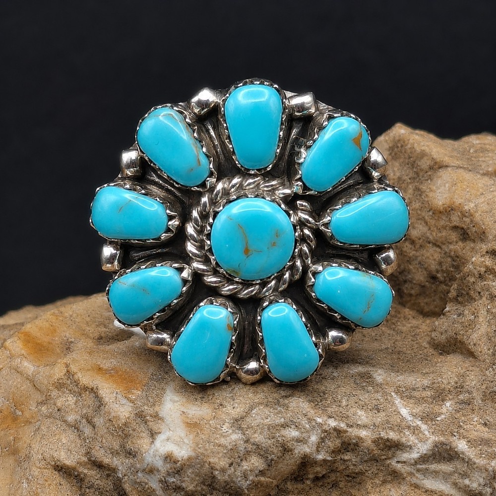 Signed Benally Native American Turquoise Cluster Ring Sterling Silver Size 8.5