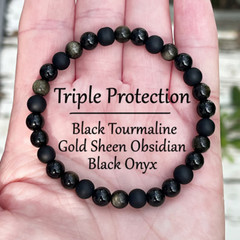 Triple Protection Gold Obsidian Black Tourmaline Onyx Beads Stretch Bracelet