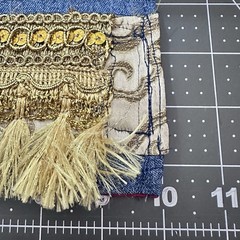 Boho Luxe Denim Fringe Cuff Bracelet Gold Embellished Moroccan Style OOAK Signed