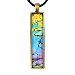 Pendant Necklace Handmade «Rainbow Swirls» Long Brass Bezel Glass Black Cord