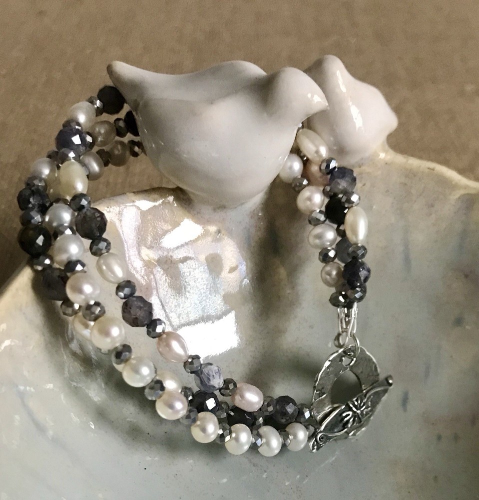 Iolite Freshwater Pearl Bracelet Sterling Silver Multistrand Gemstone 7”Handmade