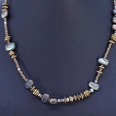 17+2″, vintage 925 Sterling 925 Silver Necklace with brass and abalone beads
