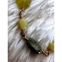 Artisan Glass Stone Bead Bracelet Olive Green Yellow Copper Wire Wrapped 7.5″