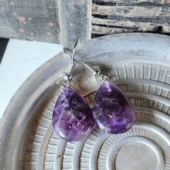 Amethyst Gemstone Puffed Teardrop Handcrafted Purple Silver Dangle Earrings