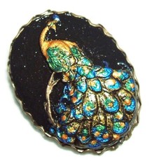 BLUE GREEN GOLD PEACOCK BIRD BLACK CAMEO Silver Plt Hand Painted Brooch Pin