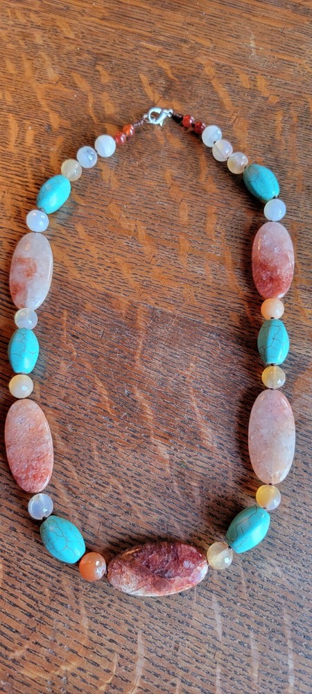 Stone Necklace 22″ Artisan Made Hand Knotted Beads Carnelian Howlite Quartz