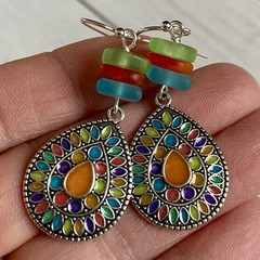 Min Favorit Colorful Enamel Pendant & Seaglass Silver Pl Artisan Boho Earrings