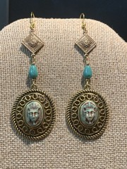 *NEW LISTING*EGYPTIAN REVIVAL CZECH NEIGER GLASS PHARAOH EARRINGS.TURQ/GOLD-NEW