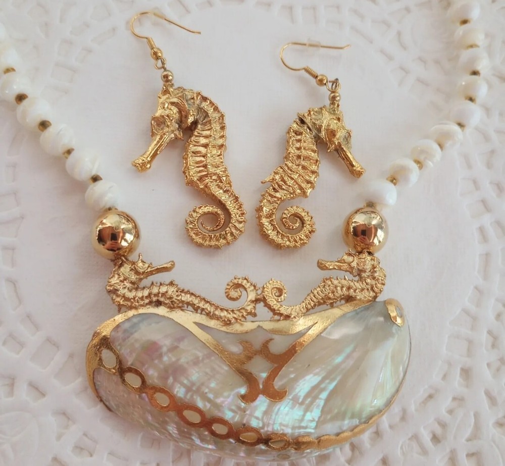 Vintage ? Unique Shell MOP ? Bead Seahorse Necklace & Earrings Set Lot Artisan