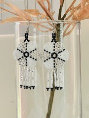 Handcrafted White Black Silver Beaded Glass Flower Dangle Earrings Hook 8 cm