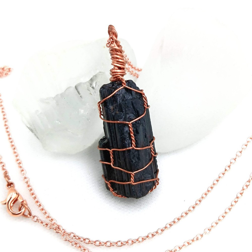 Raw Black Tourmaline Crystal Pendant Necklace, Copper Wire-Wrapped, Handmade