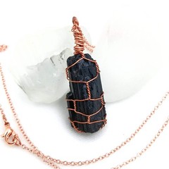Raw Black Tourmaline Crystal Pendant Necklace, Copper Wire-Wrapped, Handmade