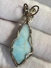 Larimar Wire Wrapped Pendant Genuine Gemstone Solid Sterling Silver Handmade NOS