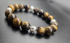 Handmade 10mm Tiger Eye Beaded Bracelet with Sterling Filigree Bali Beads 8 Inch