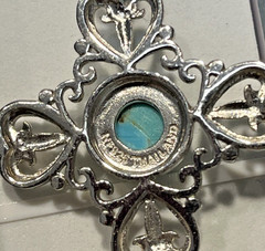 Vintage Sterling Silver 925 Cross Hearts, Fleur De Lis & 1 Turquoise Stone 2″T