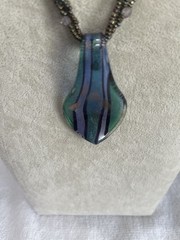 Studio Art Glass Pendant Necklace Blue Green Striped Multi Strand Seed Beads