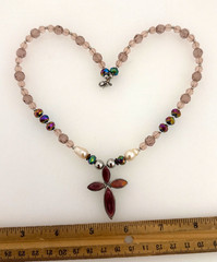 Rhodium 1 1/2″ x 1 3/4″ Spiny Coral Cross Pearl Crystal Beaded 19″ Necklace OA5
