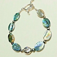 ABALONE PAUA, FRESHWATER PEARL, BUDDHA STERLING SILVER TOGGLE BRACELET