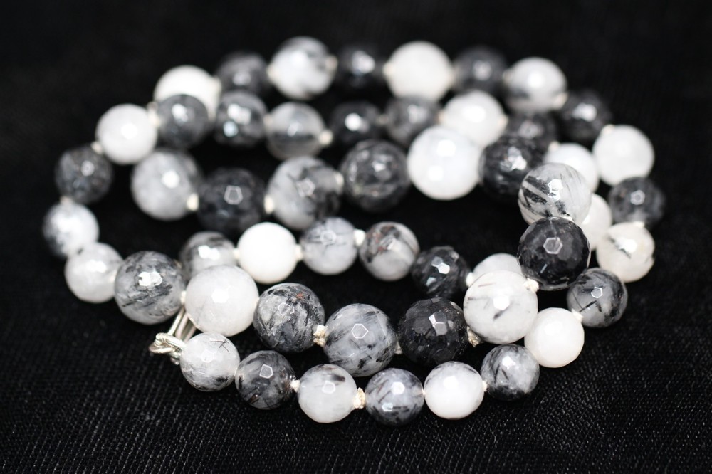 Rutilated Quartz Necklace Black White Faceted Natural Gemstone Silk Knotted 20″