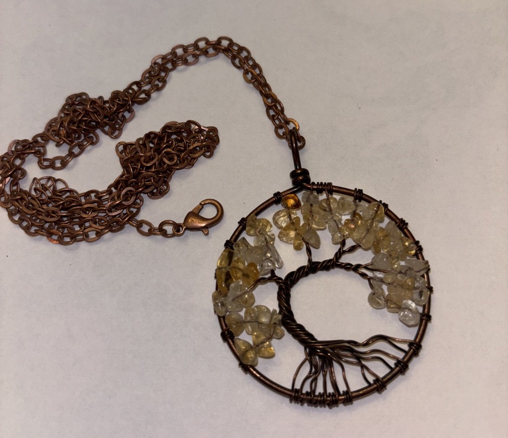 Copper Wire Wrap Tree Of Life Chakra Necklace Quartz Gemstone Chips 18″