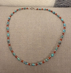 Handcrafted Beaded Turquoise Blue & Red Stone Necklace, Silver Lobster Clasp