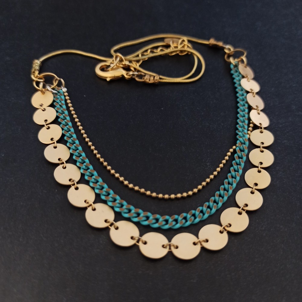 Layered Bib Necklace Gold Turquoises Tone Chain Modernist Egyptian Revival
