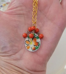 Broken China Orange Flower Beaded Pendant Necklace