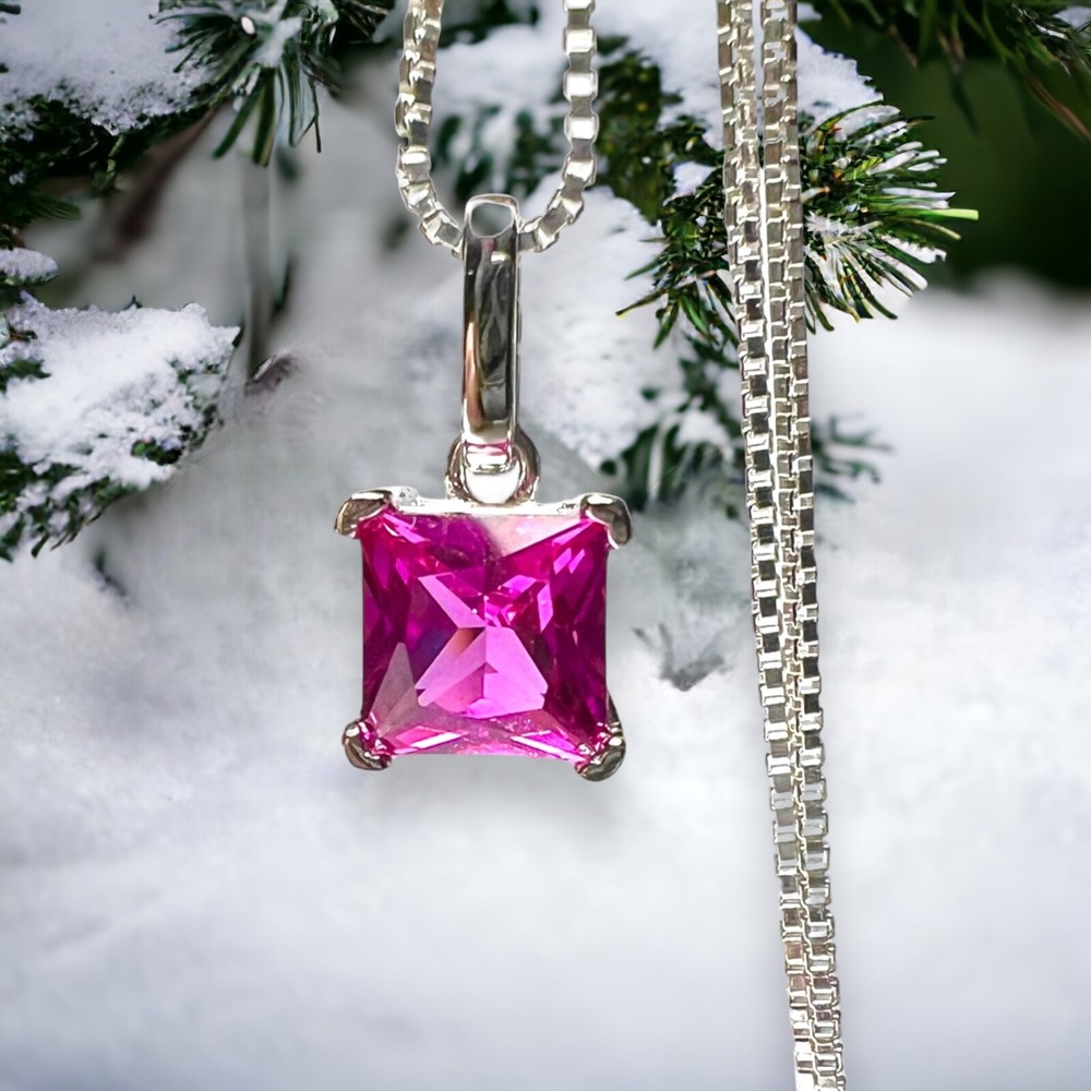 Lab Made Pink Sapphire Pendant in Sterling Silver 925, September Birthstone