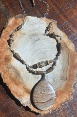 Silver Artesian Agate, Quartz & Wood Beaded Necklace