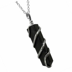 Black Tourmaline Spiral Wire Wrap Pendant Point Chakra Crystal Silver Necklace