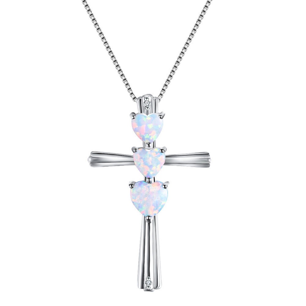 Xmas Rainbow White Fire Opal Gemstone Fashion Silver Cross Necklace Pendants