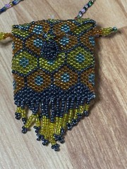 Handmade Glass Seed Bead Necklace Pouch Tassels BOHO Orange Yellow 17″ Drop NEW