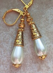 WHITE GLASS PEARL teardrop earring GP Cone hand crafted Leverback XX