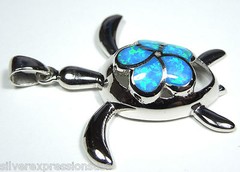 Blue Fire Opal Inlay Genuine 925 Sterling Silver Plumeria Flower Turtle Pendant