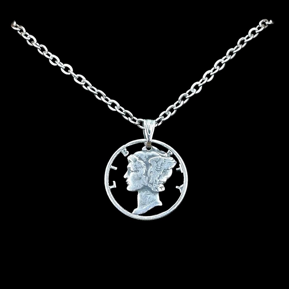 Antique U.S. Silver Mercury Dime Hand Cut Coin Necklace Pendant 18″ NEW