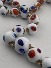 Murano Millefiori White Milk Glass Graduated & Knotted Brass Cap Bead Necklace