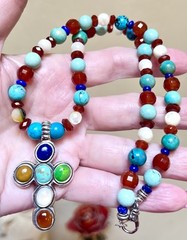 LOVELY Artisan Sterling Silver Turquoise, Lapis, Carnelian, Etc. Cross Necklace