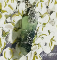 Natural prehnite crystal point wire wrapped pendant necklace