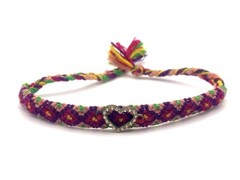 Multicolor Yarn Handmade Bracelet Pink Purple Green Yellow Silver Tone Heart