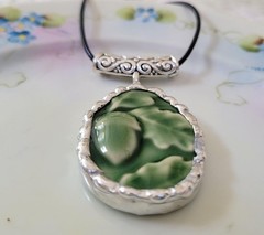 Bordallo Pinheiro Necklace, Broken China Jewelry, Green Acorn Pendant