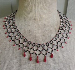 Netted Weave Beaded Choker Adjustable Necklace in Black Silver Red w Drop Beads