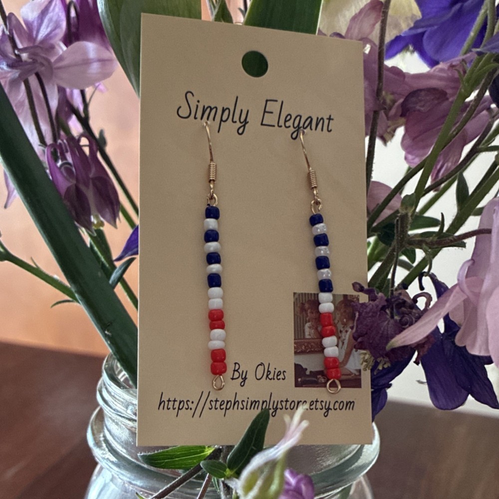 Red White Blue Glass Beaded Dangle Earrings Handcrafted Women