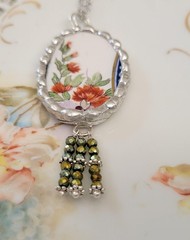 Broken China Orange Botanical Flowers Soldered Pendant Necklace